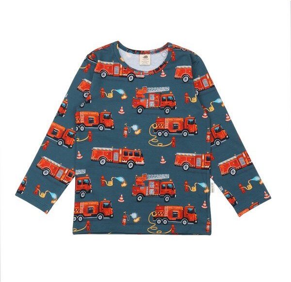 Kinder Langarmshirt Bio-Baumwolle Fire Fighters, GOTS-zertifiziert – Walkiddy, weicher Jersey mit Feuerwehr-Allover