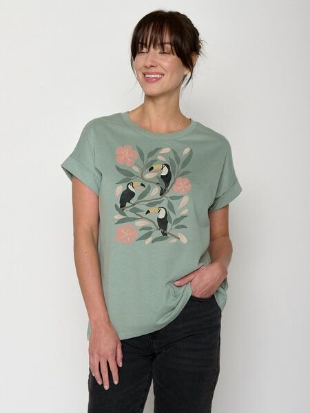 GREENBOMB Tucan Flower Loony - Sportliches T-Shirt aus Bio-Baumwolle mit Rollup Sleeve / hochwertiger Print / GOTS / Fai...