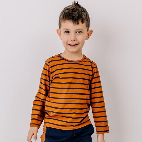 Kinder Langarmshirt GOTS-zertifiziert aus Bio-Baumwolle braun-orange gestreift – Walkiddy