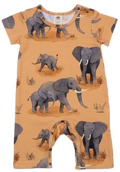 Baby Strampler GOTS zertifiziert, 95% Bio-Baumwolle, orange, Elefanten-Muster, Kurzarm, weich & elastisch – Walkiddy