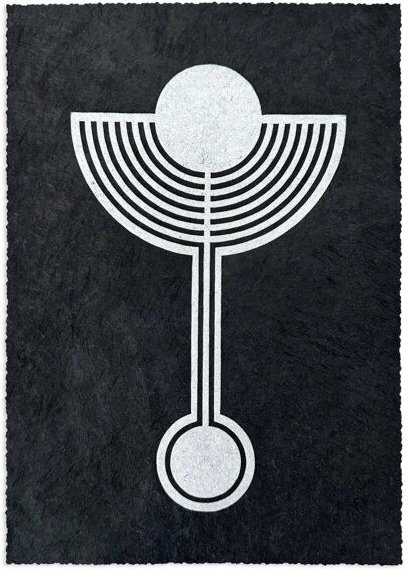 Veskor Cassiopeia HEILIGER GRAL MENORA Kornkreis Linoldruck | 21 x 29,7 cm (A4) | Silber auf Schwarz