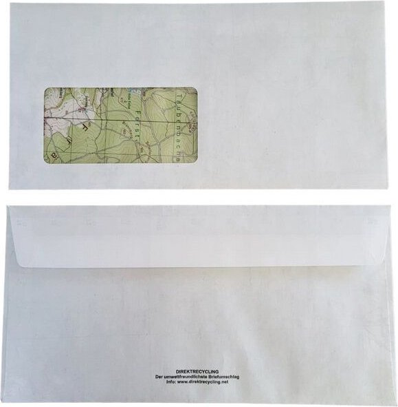 Direktrecycling Briefumschläge mit Sichtfenster 20er – recycelte Landkarten, selbstklebend