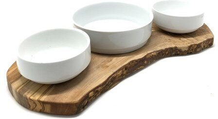 Thumbnail - Olivenholz erleben Futterstation RUSTY TRIO für Nass-Trockenfutter & Wasser mit 2 x 0,4 Liter und 1 x 0,9 Liter Porzella...