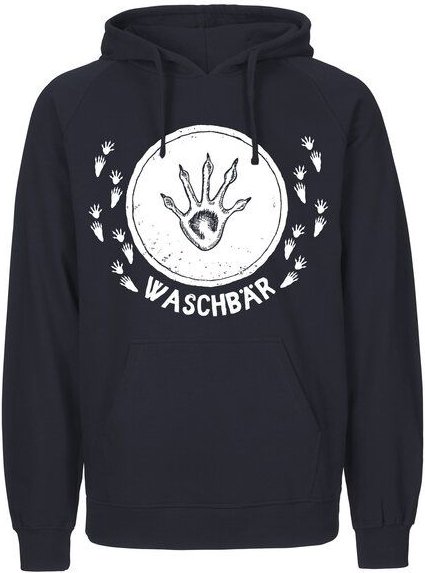 HANDGEDRUCKT "Trittsiegel Waschbär" Männer Hoody aus reiner Biobaumwolle (kbA)