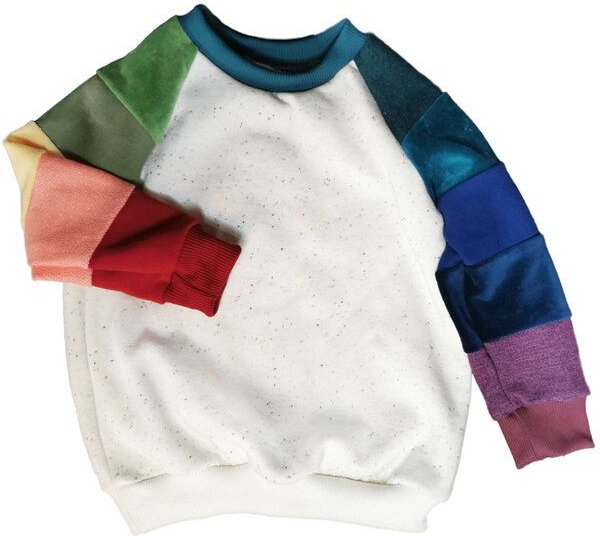 liebewicht Pullover aus Bio Sweat Regenbogen Patchwork Unikat für Babys und Kinder
