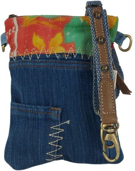 Sunsa kleine Damen Umhängetasche aus recycelter Jeans & Sari. Nachhaltige Tasche