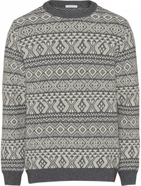 Thumbnail - KnowledgeCotton Apparel Strickpullover aus Bio-Wolle - Two colored jacquard o-neck knit - GOTS