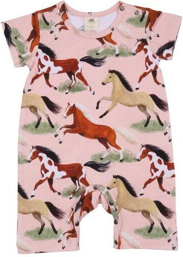 Baby Strampler GOTS zertifiziert, Bio-Baumwolle, rosa, Pferde-Muster, Kurzarm, weich & bequem – Walkiddy