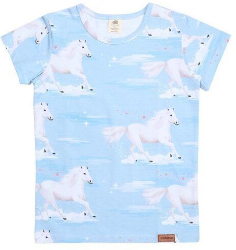 Kinder T-Shirt GOTS zertifiziert – 95% Bio-Baumwolle, Hellblau mit Pferdemotiv, Kurzarm, weich & bequem | Walkiddy