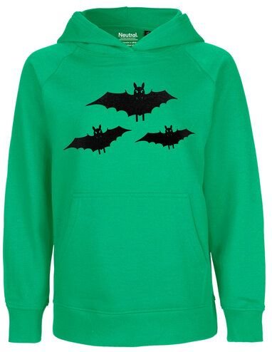 HANDGEDRUCKT "Fledermausschar" Kinder Hoody aus reiner Biobaumwolle (kbA)