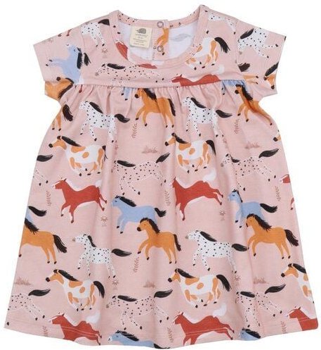 Baby Kleid GOTS zertifiziert, rosa, Pferde-Allover, Kurzarm, Bio-Baumwolle, weich – Walkiddy