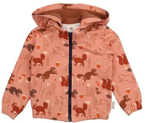 Kinder Sweatjacke GOTS zertifiziert, Bio-Baumwolle, terracotta, Eichhörnchen-Muster „Tiny Squirrels“, Reißverschluss – W...