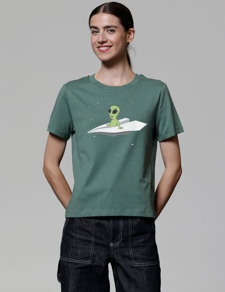 watapparel T-Shirt Frauen Alien on a paper plane