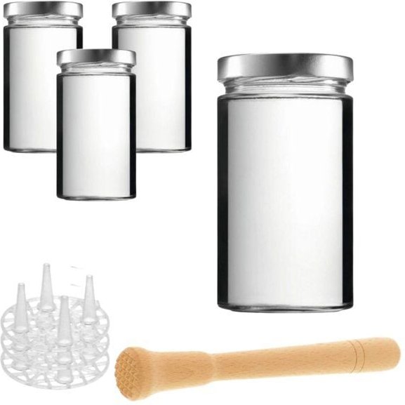 mikken Fermentier Set - 4 Fermentiergläser 720 ml mit Fermentier Gitter, Holzstößel und Deckel (PVC-frei)