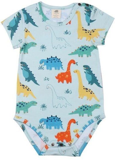 Baby Kurzarmbody GOTS zertifiziert Bio-Baumwolle Hellblau Dino-Print „Dinosaurier“ Druckknöpfe – Walkiddy