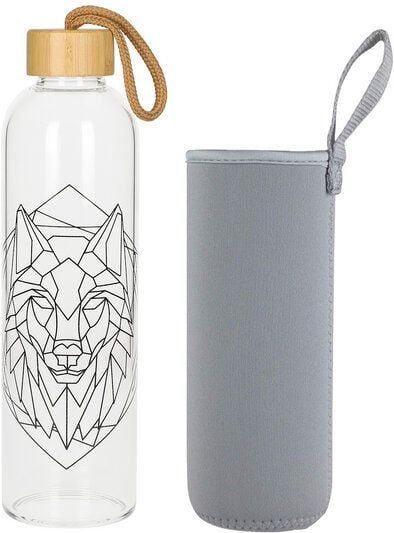 elasto Glasflasche 1 Liter Bamboo Trinkflasche Borosilikatglas mit Neoprentasche