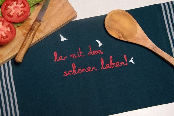 Hirschkind "her mit dem schönen leben!" Bio-&Fair-Trade-Geschirrtuch, petrol