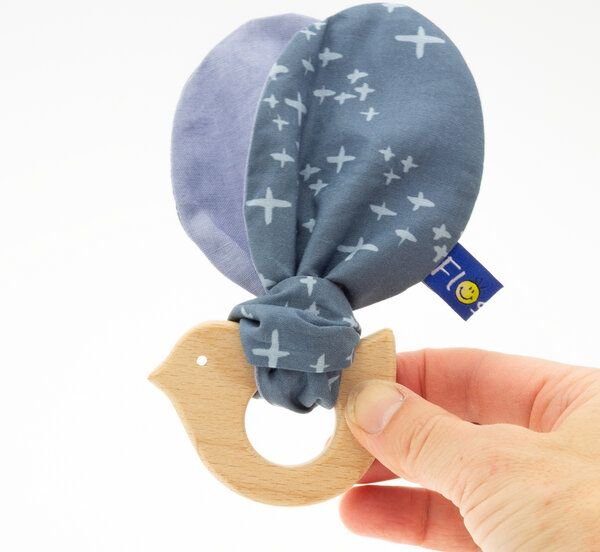 Flosinn Knisterohren Baby mit Beißring Vogel oder Elefant. Bio-Greifling als Geburtsgeschenk