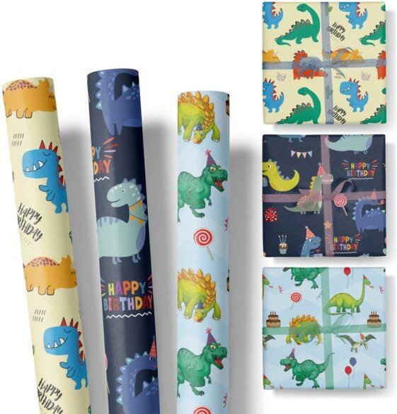 Fines Papeterie 3x 3m Geschenkpapier HAPPY BIRTHDAY DINO Set für Kinder * 3 Rollen je 300x47 cm * Einpackpapier mit Dino...