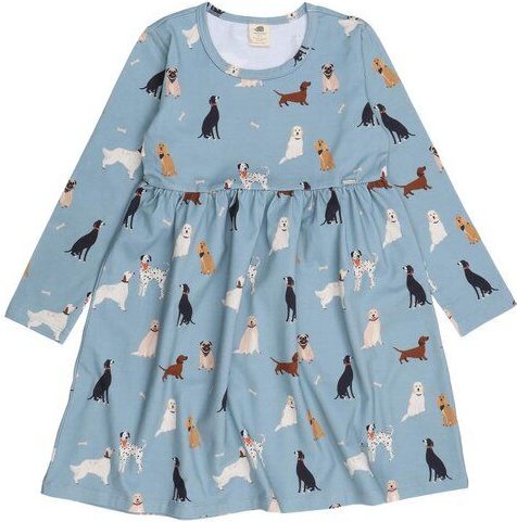 Kinder Kleid GOTS zertifiziert – Hellblau mit Hundemotiven, Langarm, weich & bequem | von Walkiddy