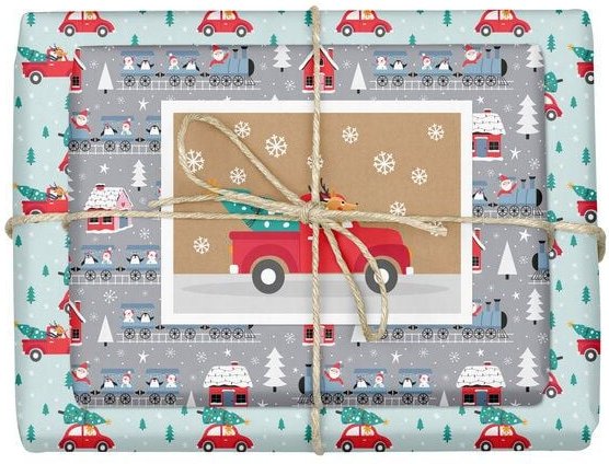 dabelino Geschenkpapier Set: Weihnachten "Zug und Auto": 4x Bögen + 1x Karte (für Kinder)