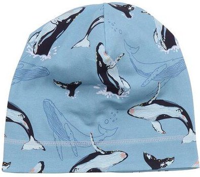Kinder Mütze GOTS-zertifiziert aus Bio-Baumwolle, hellblau Jumping Whales, weicher Jersey, dehnbar – Walkiddy