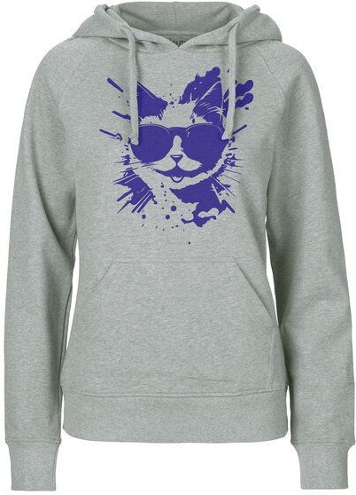 HANDGEDRUCKT "Cool Cat" Frauen HOODY aus reiner Biobaumwolle (kbA)