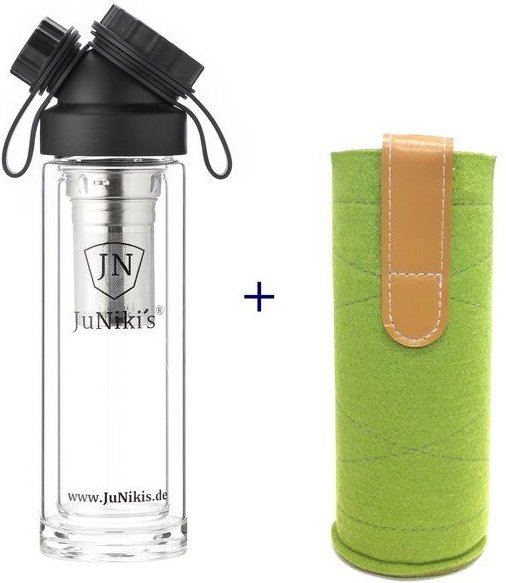 JN JuNiki's Set: JuNiki´s Glasflasche doppelwandig Teefilter + Wollfilzhülle grün