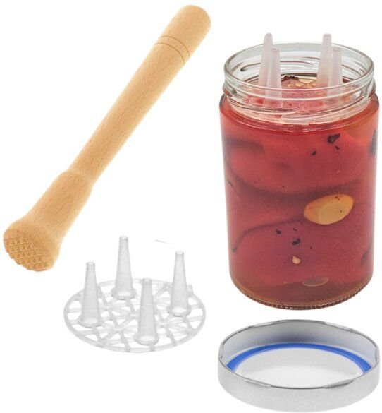 mikken Fermentier Set - 4 Fermentiergläser 580 ml mit Fermentier Gitter, Holzstößel und Deckel (PVC-frei)