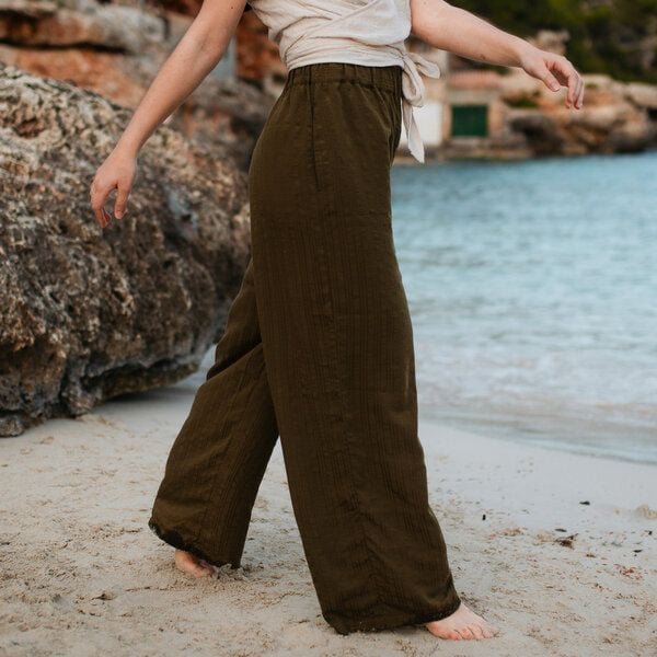 NORDLICHT Damen Palazzo Hose Liska | Olivgrün gestreift aus 100% Tencel