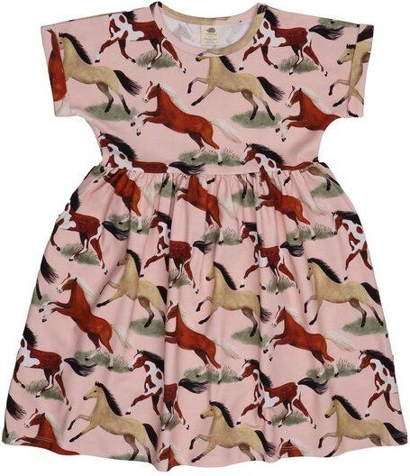 Kinderkleid GOTS zertifiziert, 95% Bio-Baumwolle, rosa, Pferde-Muster, Kurzarm, leicht & bequem – Walkiddy