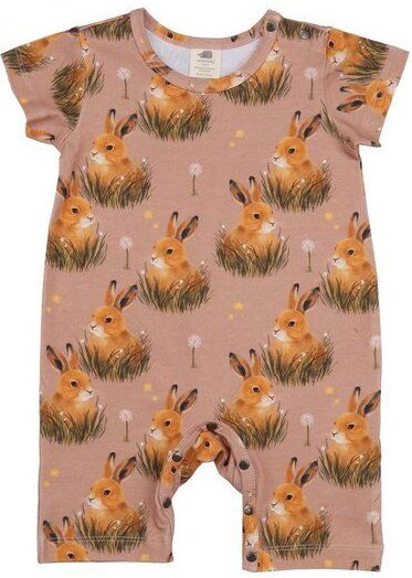 Baby Kurzarm-Strampler GOTS zertifiziert – Bio-Baumwolle, Altrosa mit Hasenmotiv, weich & bequem, alltagstauglich | Walk...