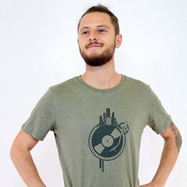 Spangeltangel T-Shirt "Weltscheibe", Herren, bedruckt, Siebdruck, Schallplatte und Erdkugel