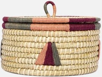 El Puente Korb mit Deckel aus Kaisa-Gras, Palmblatt, Jute // natur/grau/lila/rosé