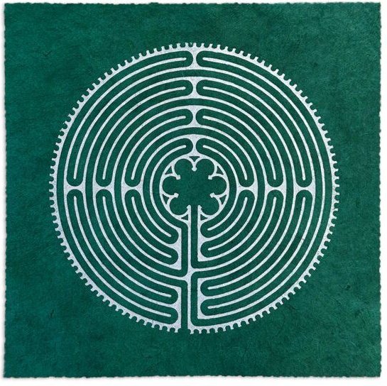 Veskor Cassiopeia LABYRINTH VON CHARTRES der Kathedrale Notre-Dame Linoldruck | 22 × 22 cm | Smaragdgrün