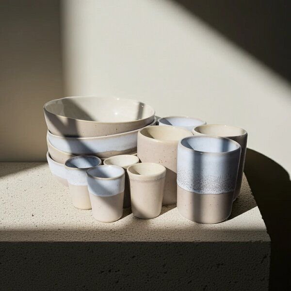 EDDA stoneware Breakfast Geschirr Set Mixed - Weiß und Beige aus Steingut (handgemacht)