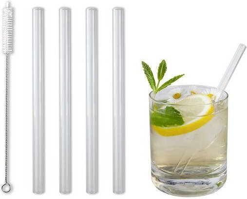 Contento Glastrinkhalm 15 cm lang, 4 Stück auf Geschenkkarte, mit Reinigungsbürste