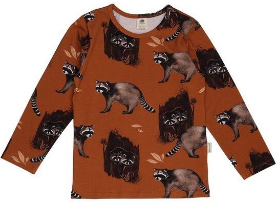 Kinder Langarmshirt GOTS zertifiziert, 95% Bio-Baumwolle, braun, Waschbär-Muster, weich & elastisch – Walkiddy