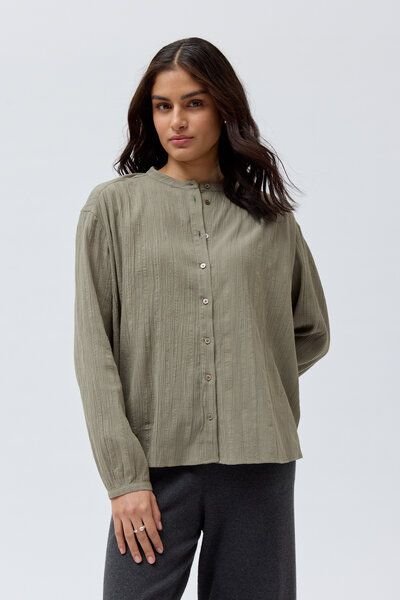Thumbnail - People Wear Organic Langarm Bluse, uni grün, Bio-Baumwolle