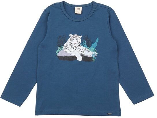 Kinder Langarmshirt GOTS zertifiziert, blau, Tiger-Print, Bio-Baumwolle, weich – Walkiddy