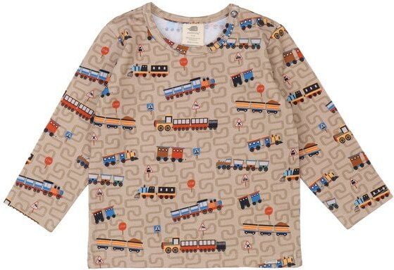 Kinder Langarmshirt GOTS zertifiziert, Bio-Baumwolle, braun, „Tiny Trains“, Zug-Muster, weich – Walkiddy