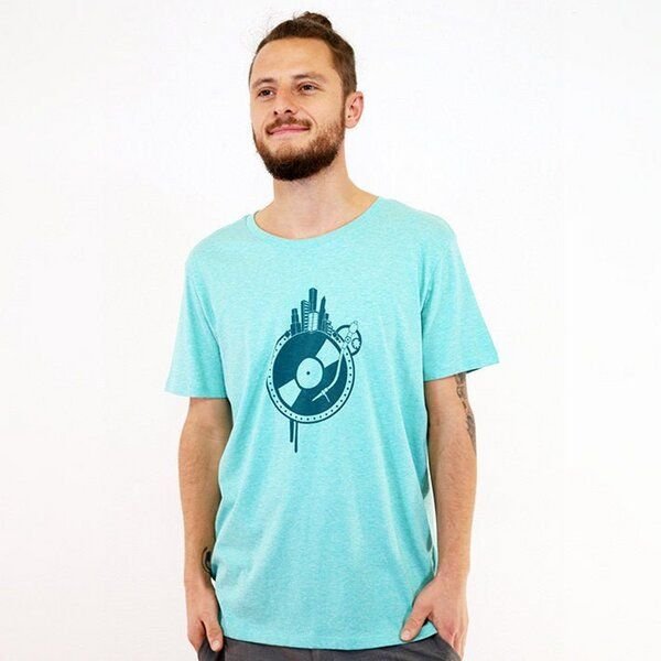 Spangeltangel T-Shirt "Weltscheibe", Herren, bedruckt, Siebdruck, Schallplatte und Erdkugel