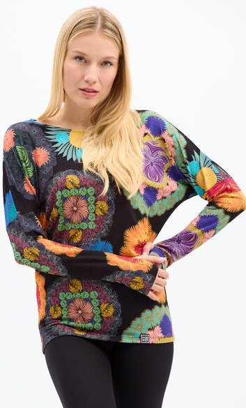 Bluse Be My Valentine Harmony – Enganliegende Passform – mit langen Ärmeln – arbenfroher KOKOworld-Print – mit Daumenloc...