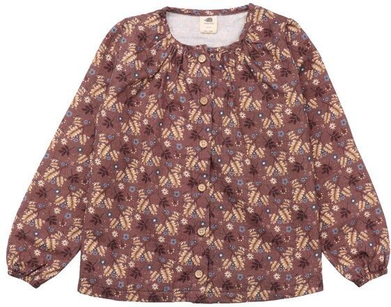 Kinder Bluse GOTS zertifiziert Bio-Baumwolle, Mauvebraun, Blumen- und Blattmuster, Knopfleiste, Walkiddy