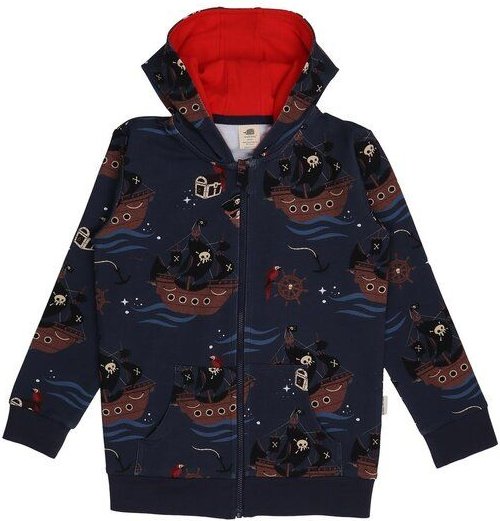 Kinder Sweatjacke GOTS zertifiziert – 95% Bio-Baumwolle, Dunkelblau mit Piratenschiff-Motiv, Kapuze & Reißverschluss | W...