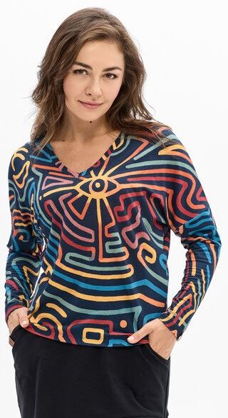 Thumbnail - Bluse Saja Longsleeve – Viskose farbenfroher KOKOworld Print weiter Schnitt V-Ausschnitt – perfekt für Yoga – Fair produ...