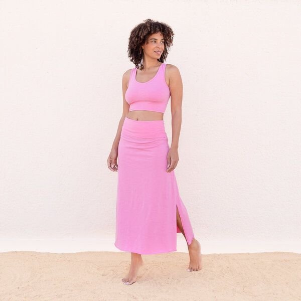 Jaya INDRA - Damen - Maxi-Rock aus elastischer Biobaumwolle mit doppeltem Bund, High Waist - Low Waist tragbar