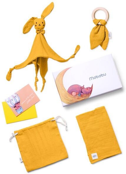 Mababu Geschenk zur Geburt - 100% GOTS Bio Musselin-Baumwolle - Schmusetuch, Beißring, Spucktuch, Tasche - Baby Erstauss...