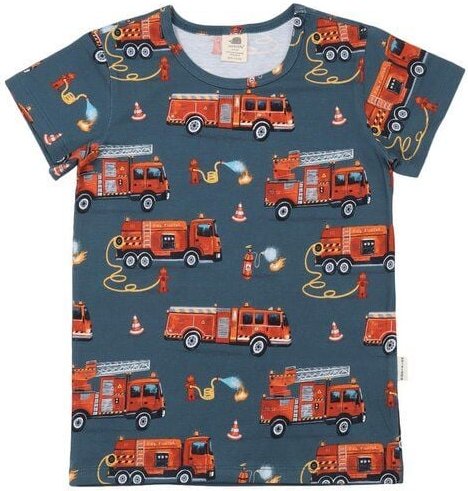 Kinder T-Shirt GOTS-zertifiziert aus Bio-Baumwolle blau mit Feuerwehr-Motiv – Walkiddy