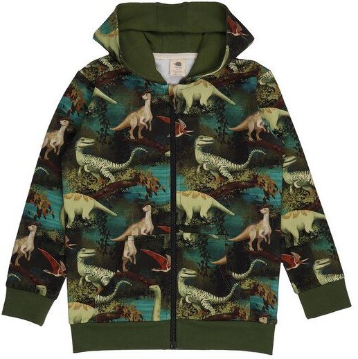 Kinder Sweatjacke Dino-Print GOTS-zertifiziert aus Bio-Baumwolle, grün – Walkiddy, Kapuze & Reißverschluss, weicher Allt...
